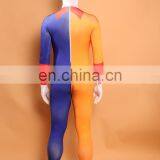 Mens Blue & Yellow Split Second Skin Suit Zentai Clown Fancy Dress Lycra Bodysuit thumbnail-3