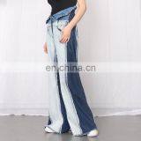 Denim Patchwork High Waist Pocket Hit Color Large Size Wide Leg Pants Female 2020 thumbnail-3