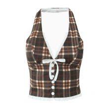 Summer New Style Fashionable and Sexy French-style Sweet Retro Checkered Neckless Backless Top thumbnail-1