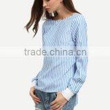 Blouses Latest Fashion Design Women Clothing Blue Striped Tie Back Backless Long Sleeve Blouse thumbnail-2