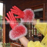 Red Fox fur glove Leather Gloves Cute Girls Warm Genuine Fur Cuffs Mittens