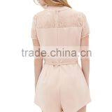 Pink Wrinkled Round Neckline Short Sleeve Belt Waist Short Jumpsuit thumbnail-6