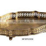 Retro Solid Brass Round Severing Tray, Hand Engraved Bronze Csating Tea Tray With Base, Home Decorative Tray thumbnail-5