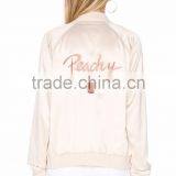 2017 MGOO Customize Satin Bomber Jacket Peachy Embroidery Windbreaker Sports Jacket For Women Clothing Manufacturing thumbnail-4