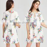 WHITE Flower Designed Short Dress, Women Chiffon Short Sleeve Dress thumbnail-5