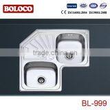 Triangle Topmounted Double Bowl Single Drainer Corner Stainless Steel Sink BL-999 thumbnail-1