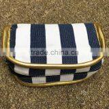 Blue Stripe Printing Cotton Canvas Zipper Pouch Make Up Clutch Bag With Gold Edge thumbnail-4