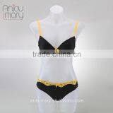 Ladies 2016 new design black yellow jacquard fabric underwire bra and panty set