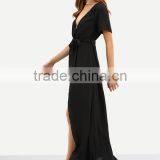 Woman Short Sleeve Black V Neck Tie Waist Chiffon Maxi Wrap Type Maxi Dress thumbnail-5