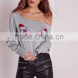 Women Standout Donut Print Pullover Long Sleeves Cropped Jumper Grey thumbnail-4