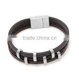 Brown Magnetic Clasp Leather Bracelace 3 Layer braided with stainless steel ring leather bangle