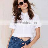 Lady's Slim Cotton Collared Solid White Shirt Short Sleeve Blouse thumbnail-5