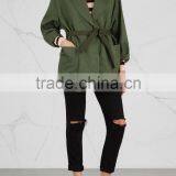 Wholesale Ladies Apparel Dropped Shoulders Army Green Cotton and Linen Blend Coat(DQE0359C) thumbnail-3