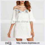 Elegant Round Neck Mesh Shoulder 3/4 Length Bell Sleeve Embroidered Women Sexy Mini Dress