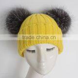 Myfur Yellow Color Wool Knitting Beanie Hat With Genuine Silver Fox Fur Pompoms thumbnail-2