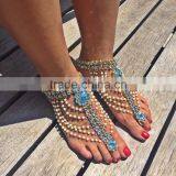 Gold Blue Crystal Pearl Anklets Toe Ring Barefoot Sandal PAYAL thumbnail-1