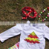 New Design Christmas Kids Clothing Winter Clothes Hot Sell Christmas Tree Embroider White Top Ruffle Pant With Matching Headband thumbnail-2