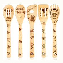 Bamboo wood utensils set burn kitchen bamboo spoon set engraved wholesale