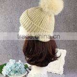 High Quality 15cm Fox Fur Real Sheep Wool Knit Beanie Hat With Fox Fur Ball thumbnail-2