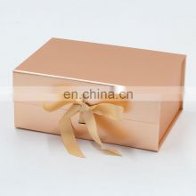 Custom elegant flat fold pack bulk magnetic closure rose gold gift box with ribbon bow