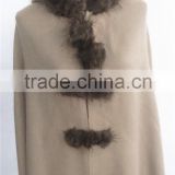 Acrylic Plain Color Poncho with Fur