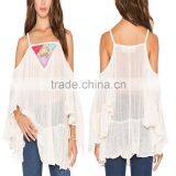 Sun summer woman appliqued white silk fabric ruffled boho tank tops