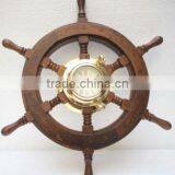 3" Brass Clock With Oversized Wood Ship Wheel Frame, Nautial Ship Wheel Clock thumbnail-1
