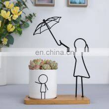 Modern Decorative Flower White Ceramic Pot Metal With Bamboo Tray Cute Frame For Home Decor thumbnail-5