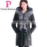 2015 Winter Medium Length Women Leather Jacket With Brown Fox Hat Overcoat