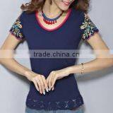 Summer Wear New National Style Embroidery Women's Short Sleeve of Women Tshirts thumbnail-3