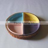 Colorized Ceramic Snack Triangle Dish With Rattan Tray thumbnail-1
