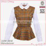 2015 Fashion Cotton Check Chiffon Ruffle Bottom Long Sleeves Direct Manufacturer High Quality Big Sleeve Blouse thumbnail-1