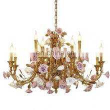 French Luxury Living Room Dining Room Villa Brass Ceramic Flower Romantic Copper Chandelier thumbnail-1