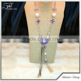 long gold plated chain necklace with purple sunflower pendant big crystal and tassel costume jewelry