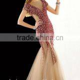Red Beaded Cap Sleeve High Neck Arabian Dresses thumbnail-1