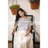 Blue Stripes O-Neck 100% Cotton Elegant Lady's Shirt With Belt thumbnail-5