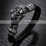 New Trending Skull Style Stainlesss Steel Genuine Leather Bracelet Men thumbnail-3