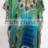 Peacock Digital Print Crystal Embellished Lace up Kaftan CAFTAN Tunic Poncho Blouse thumbnail-1