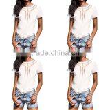 New Women Short Sleeve Short Front Long Back Plain Blouse thumbnail-2