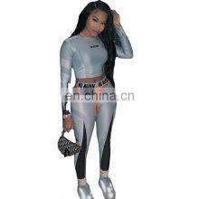 Оптовая распечатанная спортивная одежда для фитнеса, йоги для женщин. Двухкомпонентный костюм с длинными рукавами, короткой топи и штанами-леггинсами. thumbnail-1