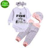 "Fish -ally Here" 2019 White Baby Romper & Ocean pp Pants & Bow Hat & Headband 4pcs Set