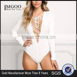 MGOO High Quality Women Long Sleeves Lace Up Bodysuit Low Back Off Plain White V Neck Rib 95% Cotton 5% Spandex thumbnail-1