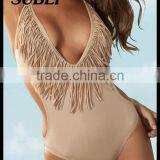 Sexy Tassel Solid Color Piece Swimsuit Plain V-neck Tassel Bikini Swimsuit thumbnail-1