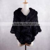 YR433 Women Stretch Real Rabbit Fur Cape Thick Knit Top Quality Fur Shawl thumbnail-2