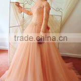High Quality Beautiful Orange Long Sleeve Beaded Tulle Ball Gown Arabic Wedding Dress Hijab thumbnail-1