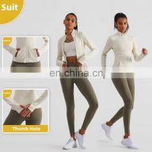 Ribbed Long Sleeve Zipper Tight Tops Workout Clothing Custom Pockets Fitness Yoga Jackets thumbnail-3