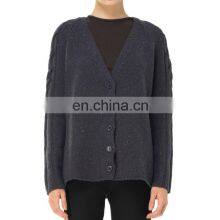 Ladies v Neck Wool Cardigan Sweater With Cable Design on Sleeves thumbnail-1