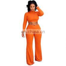 Spring and Summer New Sexy Casual Suit Women Solid Color Round Neck Long-sleeved Wide-leg Pants Suit Manufacturers Wholesale thumbnail-2