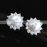 High Qulity Big Round Pearl WithZircon Gold Plated Stud Sterling-Silver-Jewelry Earrings Elegant Fashion Bijoux Jewelry