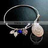 antiqued silver oval photo locket love engraved blue glass bead rose leaf charms wiring bangle bracelet fashion jewelry 6440013